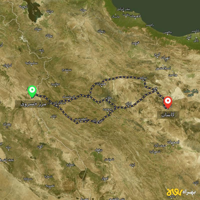 مسافت و فاصله کاشان تا مرز خسروی - کرمانشاه از ۳ مسیر - مرداد ۱۴۰۳