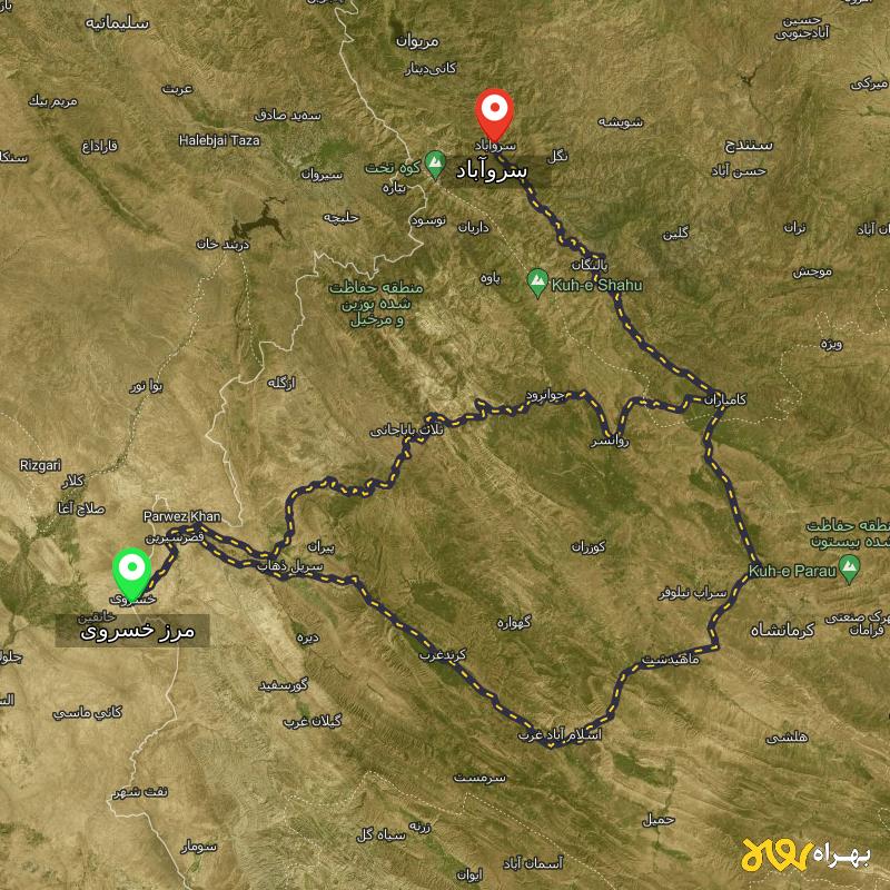 مسافت و فاصله سروآباد - کردستان تا مرز خسروی - کرمانشاه از ۲ مسیر - اسفند ۱۴۰۳