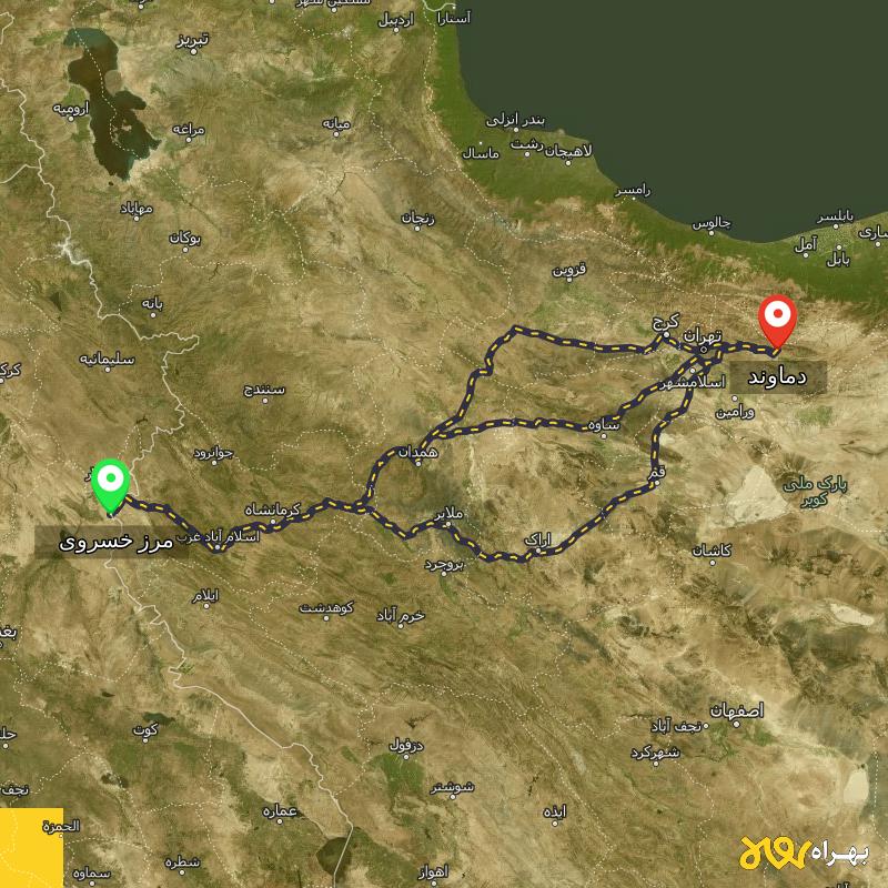 مسافت و فاصله دماوند - تهران تا مرز خسروی - کرمانشاه از ۳ مسیر - آذر ۱۴۰۳
