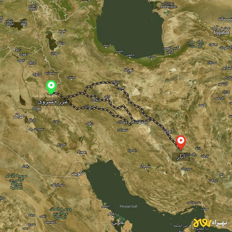 مسافت و فاصله انار - کرمان تا مرز خسروی - کرمانشاه از ۳ مسیر - آذر ۱۴۰۳