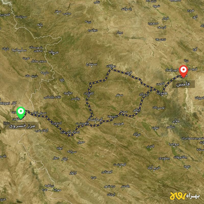 مسافت و فاصله فامنین - همدان تا مرز خسروی - کرمانشاه از ۲ مسیر - آبان ۱۴۰۳