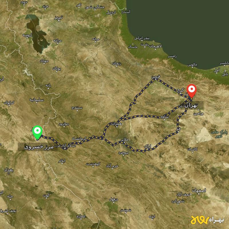 مسافت و فاصله تهران تا مرز خسروی - کرمانشاه از ۳ مسیر - مرداد ۱۴۰۳
