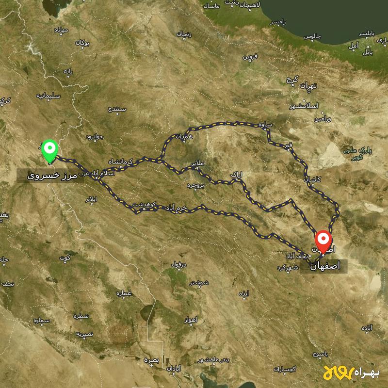 مسافت و فاصله اصفهان تا مرز خسروی - کرمانشاه از ۳ مسیر - مرداد ۱۴۰۳