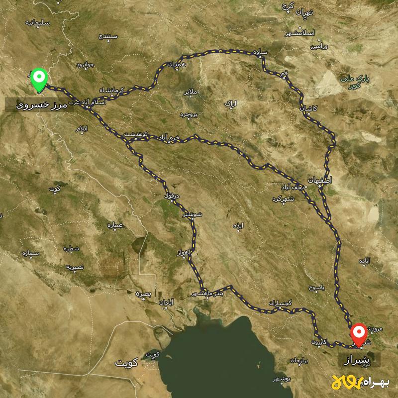 مسافت و فاصله شیراز تا مرز خسروی - کرمانشاه از ۳ مسیر - مرداد ۱۴۰۳