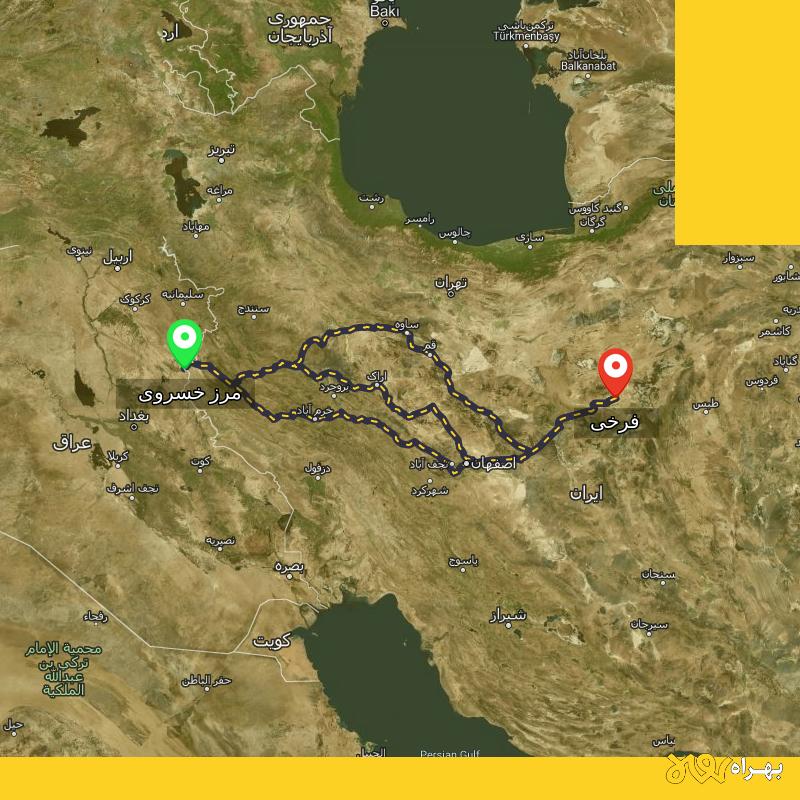 مسافت و فاصله فرخی - اصفهان تا مرز خسروی - کرمانشاه از ۳ مسیر - آذر ۱۴۰۳
