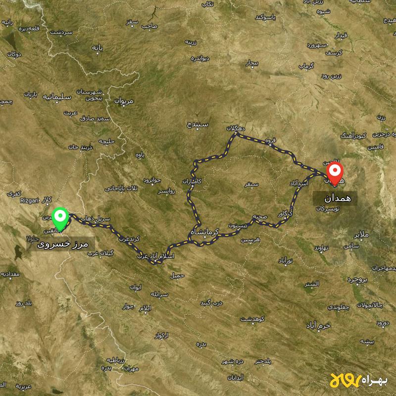 مسافت و فاصله همدان تا مرز خسروی - کرمانشاه از ۲ مسیر - مرداد ۱۴۰۳