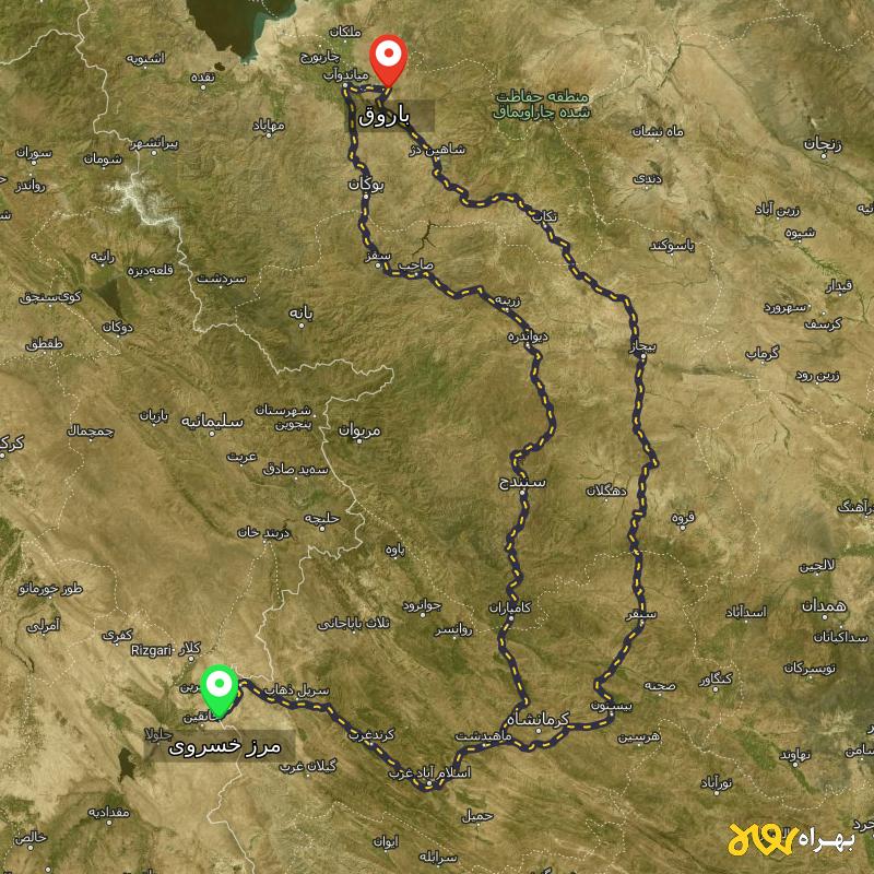 مسافت و فاصله باروق - آذربایجان غربی تا مرز خسروی - کرمانشاه از ۲ مسیر - دی ۱۴۰۳