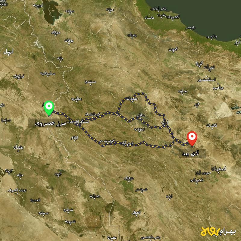 مسافت و فاصله لای بید - اصفهان تا مرز خسروی - کرمانشاه از ۳ مسیر - مرداد ۱۴۰۳