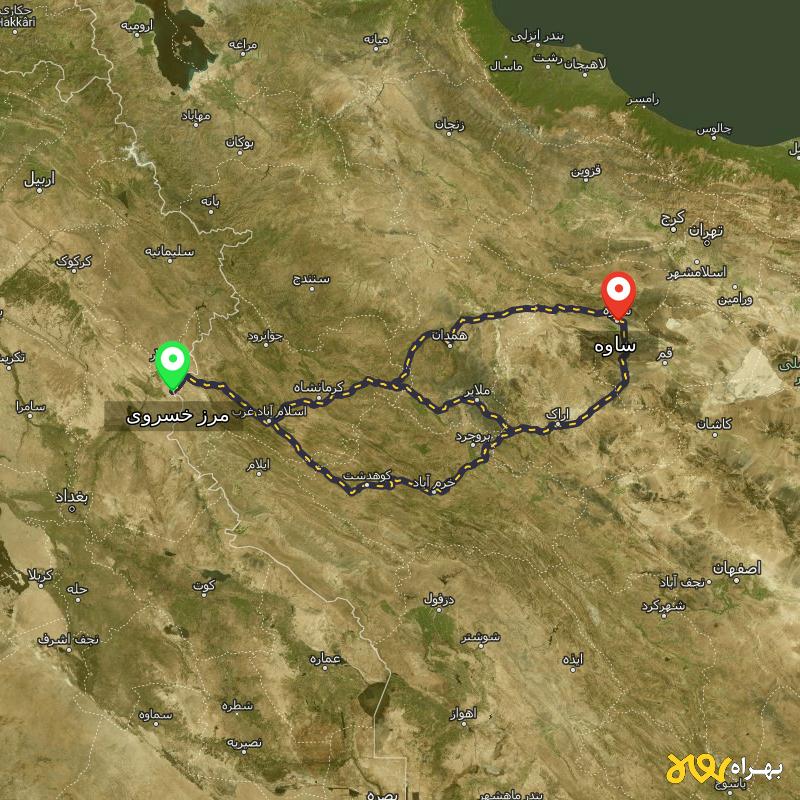 مسافت و فاصله ساوه تا مرز خسروی - کرمانشاه از ۳ مسیر - مرداد ۱۴۰۳