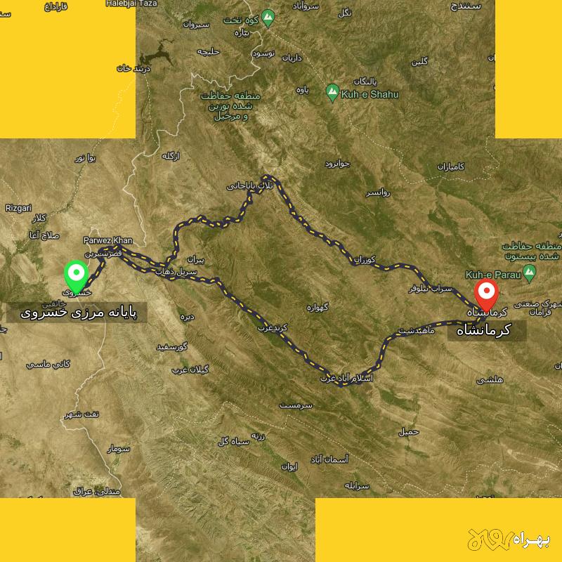 مسافت و فاصله کرمانشاه تا مرز خسروی - کرمانشاه از ۲ مسیر - مهر ۱۴۰۳