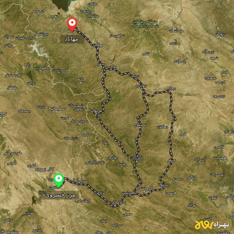 مسافت و فاصله مهاباد - آذربایجان غربی تا مرز خسروی - کرمانشاه از ۳ مسیر - دی ۱۴۰۳