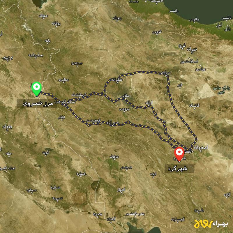 مسافت و فاصله شهرکرد تا مرز خسروی - کرمانشاه از ۳ مسیر - مرداد ۱۴۰۳