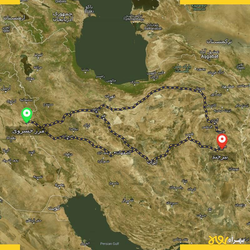 مسافت و فاصله بیرجند تا مرز خسروی - کرمانشاه از ۳ مسیر - مرداد ۱۴۰۳