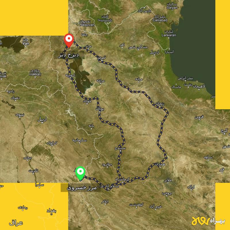 مسافت و فاصله دیزج دیز - آذربایجان غربی تا مرز خسروی - کرمانشاه از ۲ مسیر - مهر ۱۴۰۳