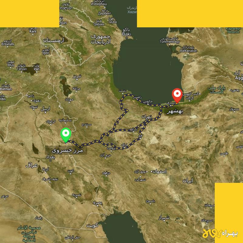 مسافت و فاصله بهشهر - مازندران تا مرز خسروی - کرمانشاه از ۳ مسیر - آذر ۱۴۰۳