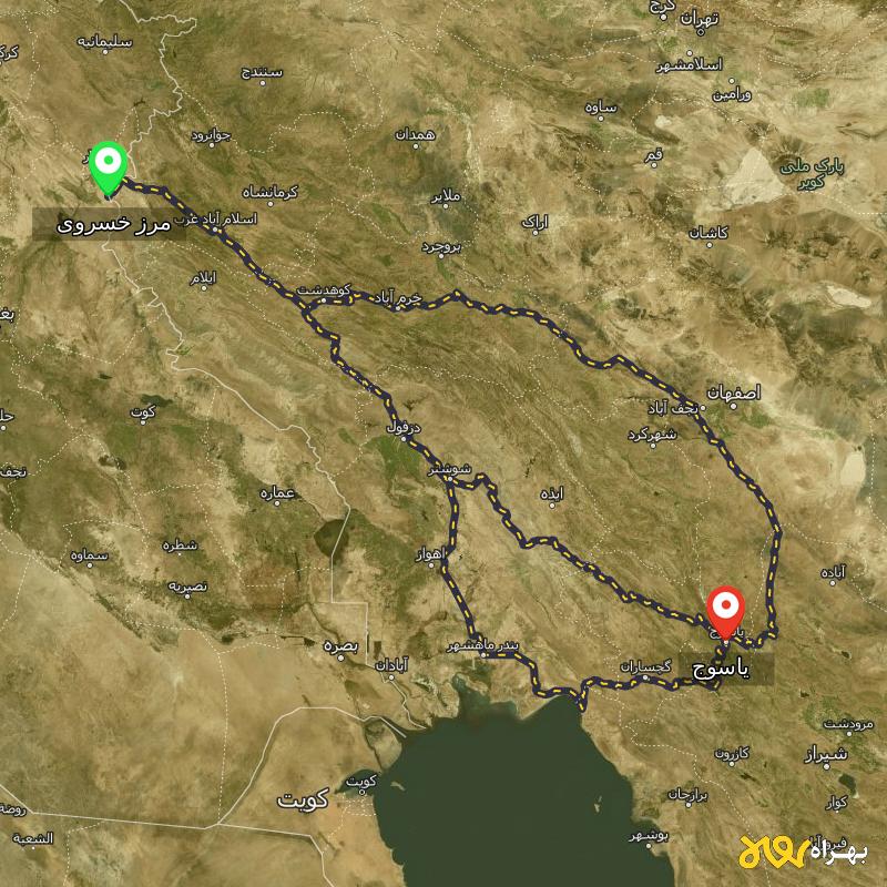 مسافت و فاصله یاسوج تا مرز خسروی - کرمانشاه از ۳ مسیر - مرداد ۱۴۰۳