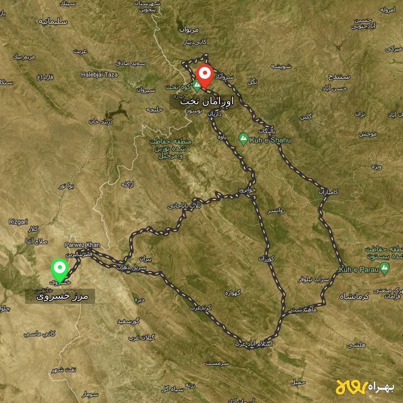 مسافت و فاصله اورامان تخت - کردستان تا مرز خسروی - کرمانشاه از ۳ مسیر - آذر ۱۴۰۳