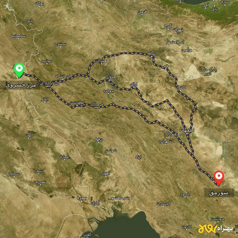 مسافت و فاصله سورمق - فارس تا مرز خسروی - کرمانشاه از ۳ مسیر - مرداد ۱۴۰۳