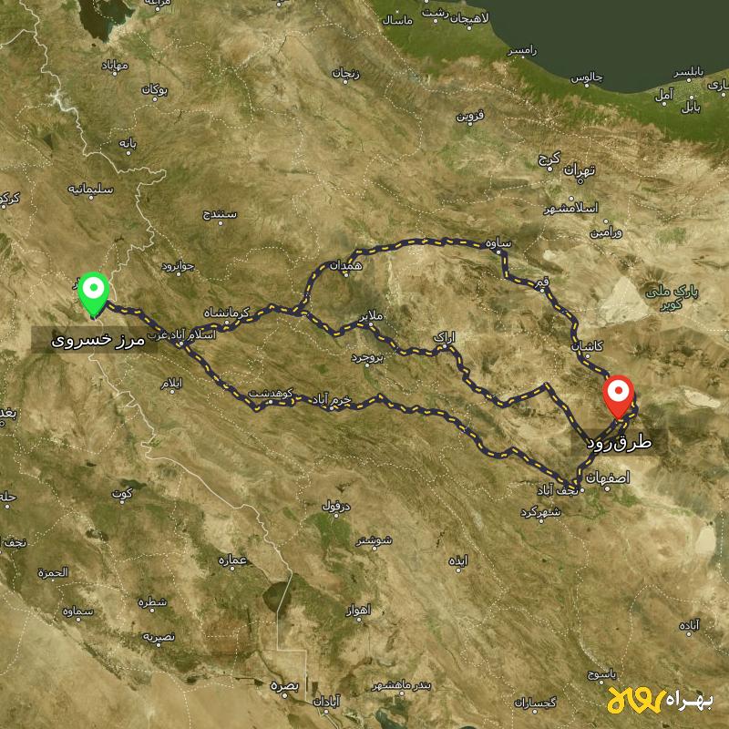 مسافت و فاصله طرق‌رود - اصفهان تا مرز خسروی - کرمانشاه از ۳ مسیر - اسفند ۱۴۰۳