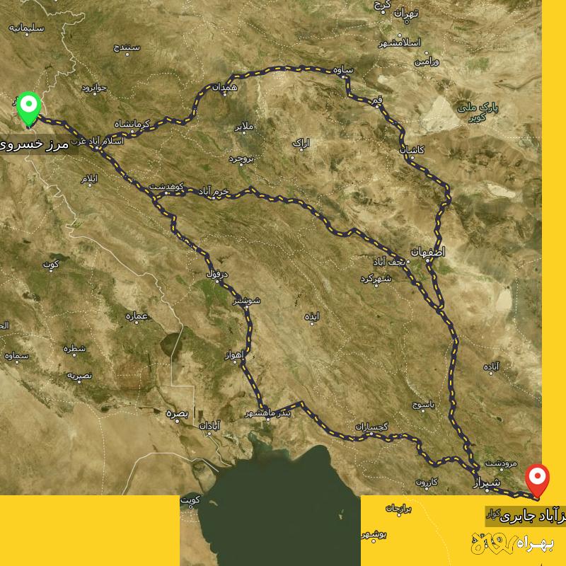مسافت و فاصله معزآباد جابری - فارس تا مرز خسروی - کرمانشاه از ۳ مسیر - شهریور ۱۴۰۳