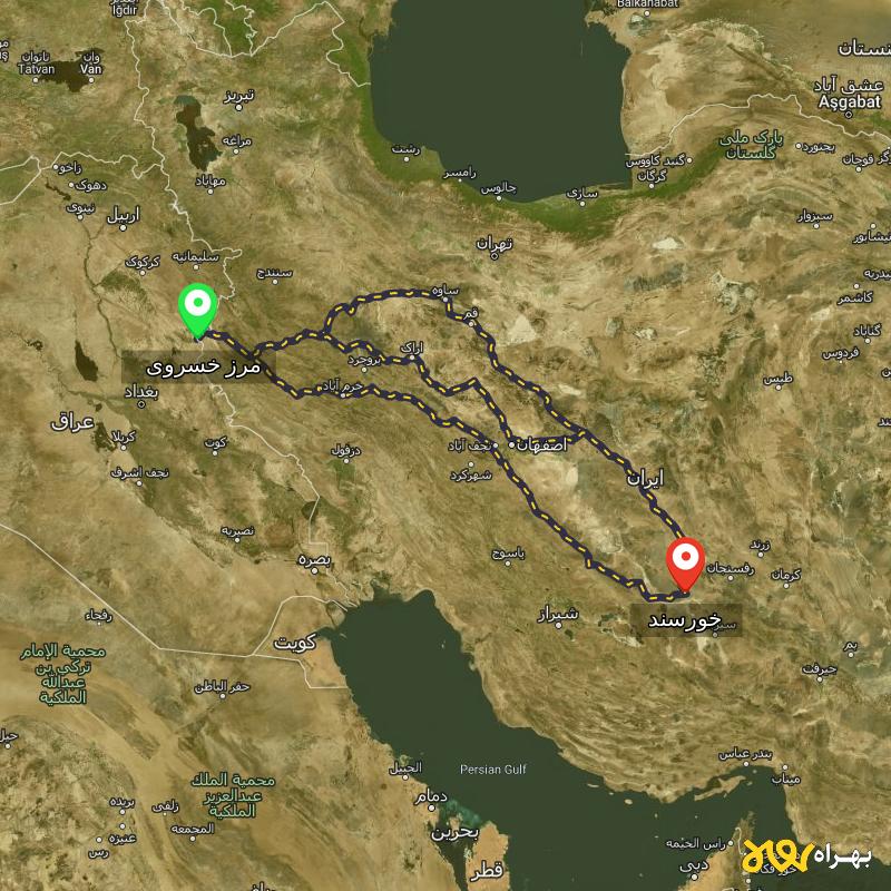 مسافت و فاصله خورسند - کرمان تا مرز خسروی - کرمانشاه از ۳ مسیر - مهر ۱۴۰۳