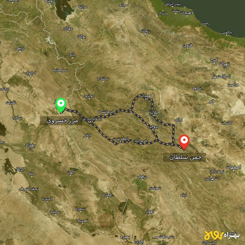 مسافت و فاصله چمن سلطان - لرستان تا مرز خسروی - کرمانشاه از ۳ مسیر - مرداد ۱۴۰۳
