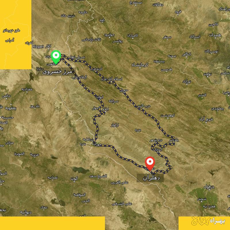 مسافت و فاصله دهلران - ایلام تا مرز خسروی - کرمانشاه از ۲ مسیر - آذر ۱۴۰۳