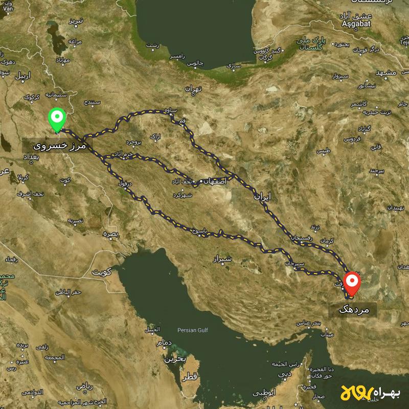 مسافت و فاصله مردهک - کرمان تا مرز خسروی - کرمانشاه از ۳ مسیر - شهریور ۱۴۰۳