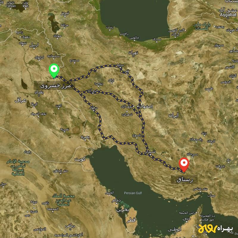 مسافت و فاصله رستاق - فارس تا مرز خسروی - کرمانشاه از ۳ مسیر - شهریور ۱۴۰۳