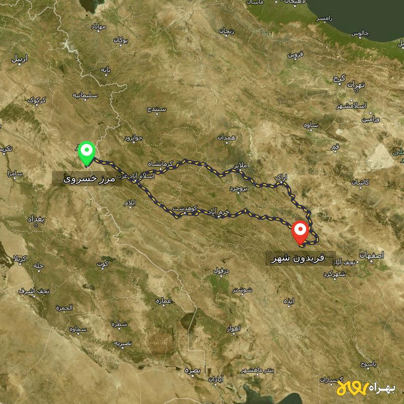 مسافت و فاصله فریدون شهر - اصفهان تا مرز خسروی - کرمانشاه از ۲ مسیر - آذر ۱۴۰۳