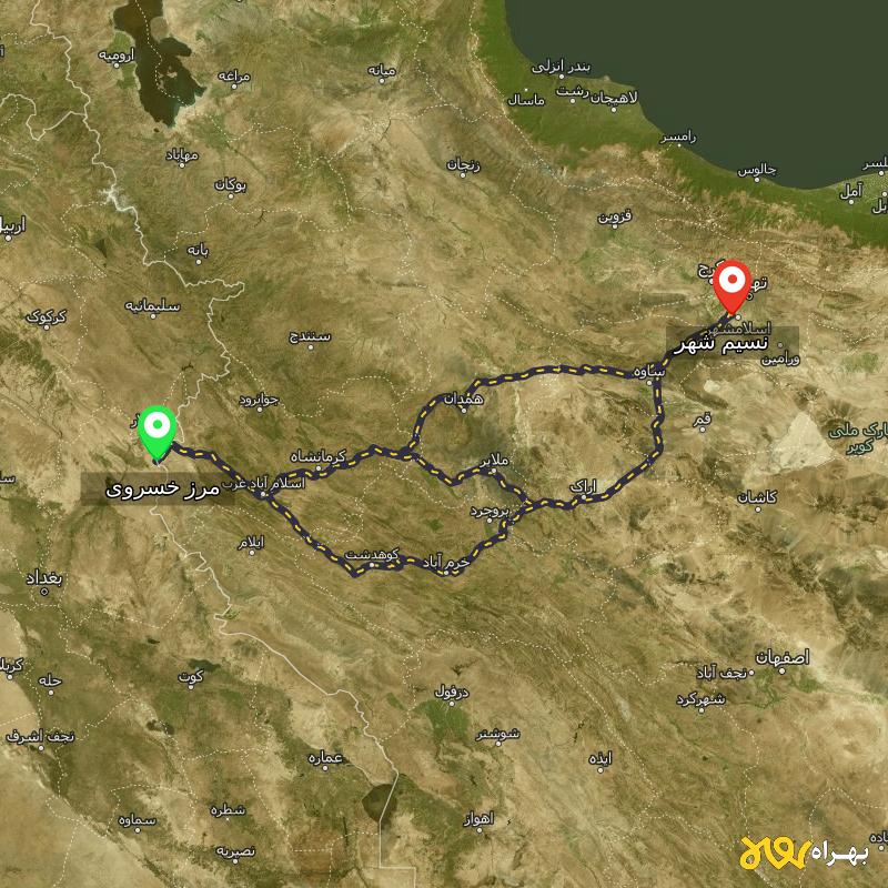 مسافت و فاصله نسیم شهر - تهران تا مرز خسروی - کرمانشاه از ۳ مسیر - مرداد ۱۴۰۳