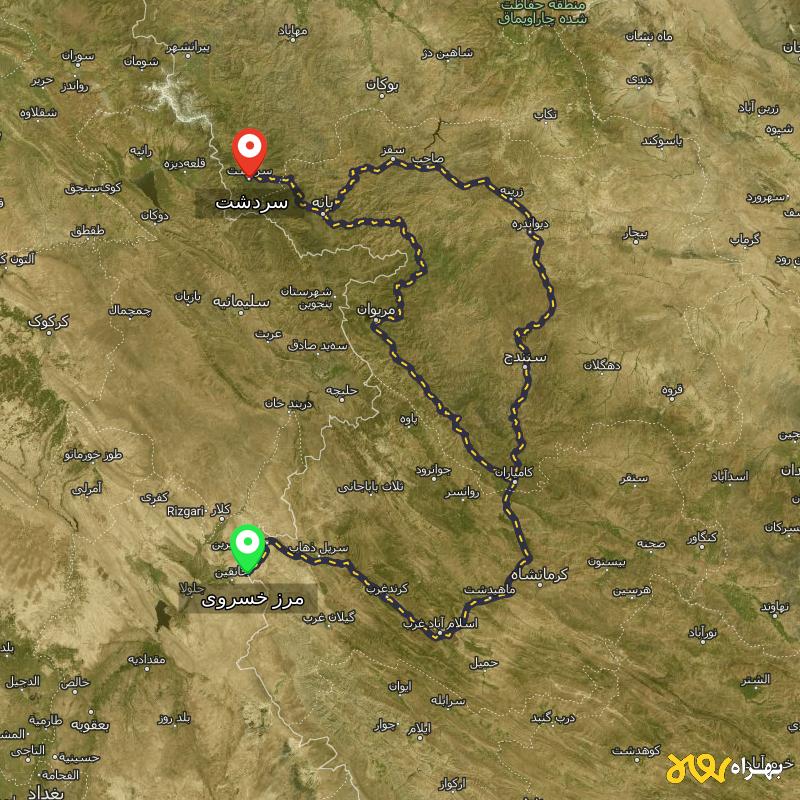 مسافت و فاصله سردشت - آذربایجان غربی تا مرز خسروی - کرمانشاه از ۲ مسیر - آذر ۱۴۰۳