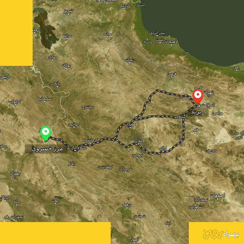 مسافت و فاصله پرند تا مرز خسروی - کرمانشاه از ۳ مسیر - مرداد ۱۴۰۳