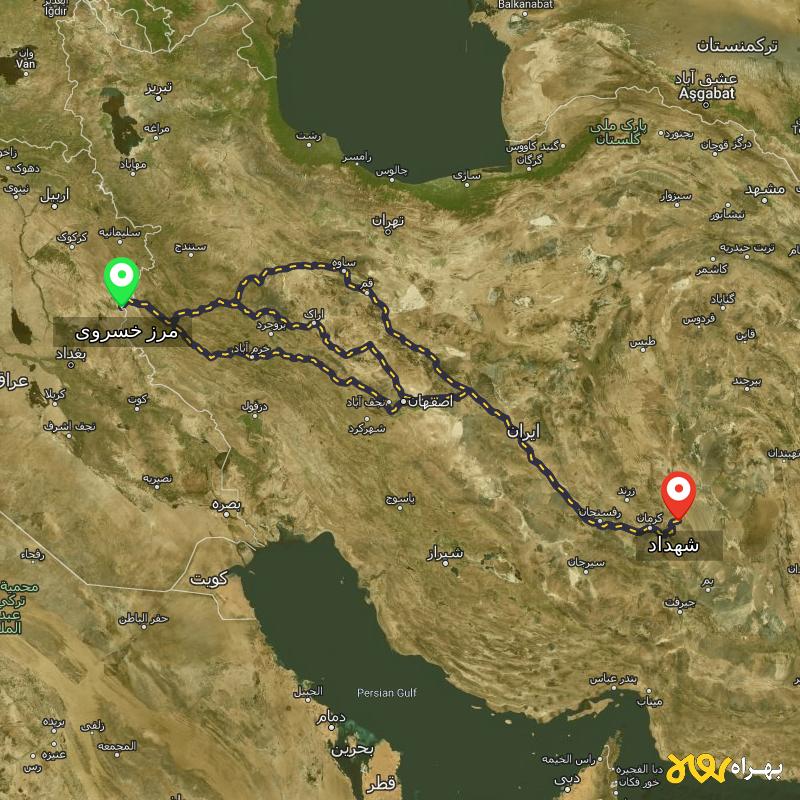 مسافت و فاصله شهداد - کرمان تا مرز خسروی - کرمانشاه از ۳ مسیر - دی ۱۴۰۳