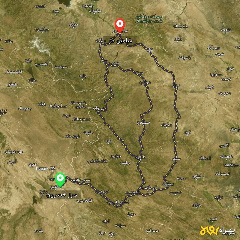 مسافت و فاصله شاهین دژ - آذربایجان غربی تا مرز خسروی - کرمانشاه از ۳ مسیر - دی ۱۴۰۳