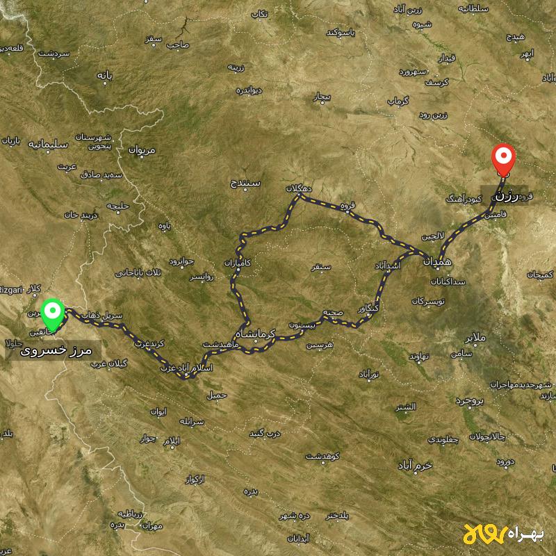 مسافت و فاصله رزن - همدان تا مرز خسروی - کرمانشاه از ۲ مسیر - مرداد ۱۴۰۳