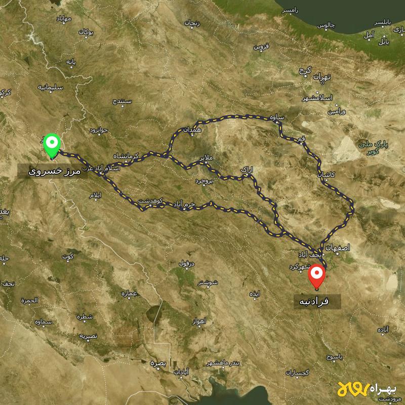 مسافت و فاصله فرادنبه - چهارمحال و بختیاری تا مرز خسروی - کرمانشاه از ۳ مسیر - شهریور ۱۴۰۳