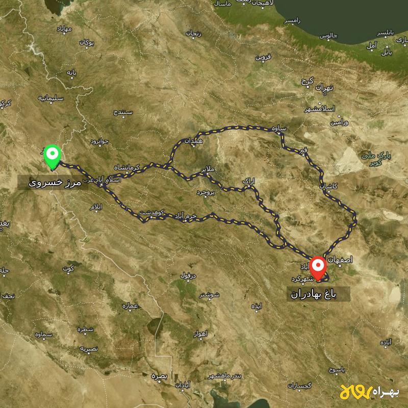 مسافت و فاصله باغ بهادران - اصفهان تا مرز خسروی - کرمانشاه از ۳ مسیر - آذر ۱۴۰۳