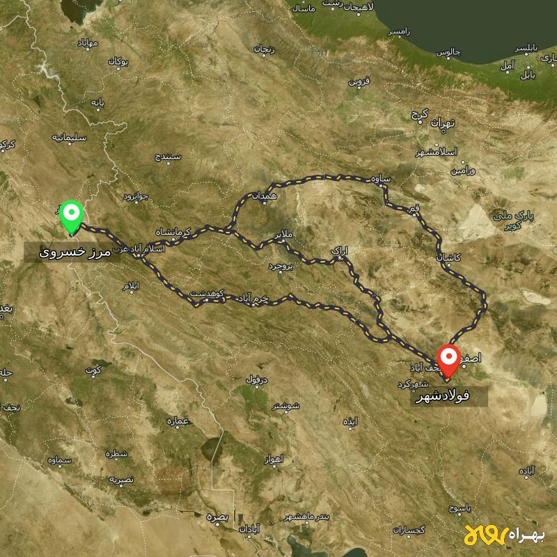 مسافت و فاصله فولادشهر - اصفهان تا مرز خسروی - کرمانشاه از ۳ مسیر - آذر ۱۴۰۳