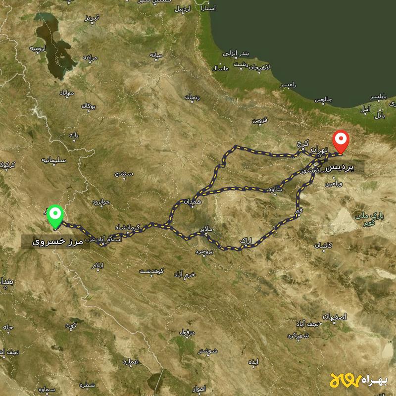 مسافت و فاصله پردیس - تهران تا مرز خسروی - کرمانشاه از ۳ مسیر - مهر ۱۴۰۳