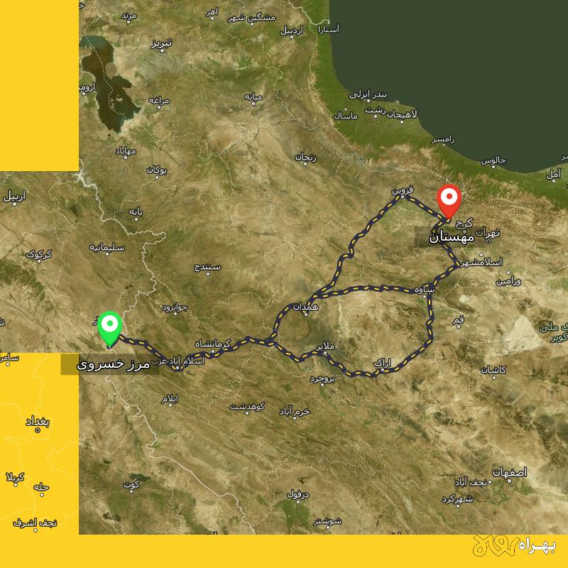 مسافت و فاصله مهستان تا مرز خسروی - کرمانشاه از ۳ مسیر - آذر ۱۴۰۳