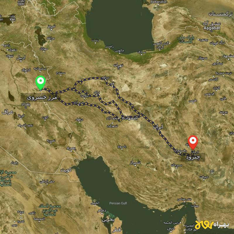 مسافت و فاصله چترود - کرمان تا مرز خسروی - کرمانشاه از ۳ مسیر - آبان ۱۴۰۳
