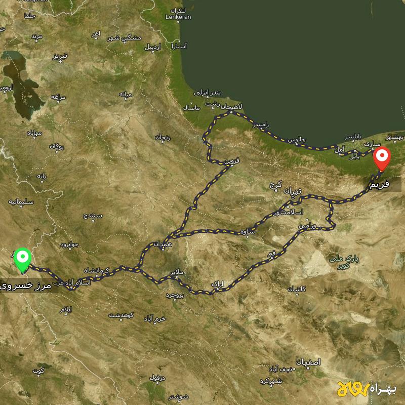 مسافت و فاصله فریم - مازندران تا مرز خسروی - کرمانشاه از ۳ مسیر - شهریور ۱۴۰۳