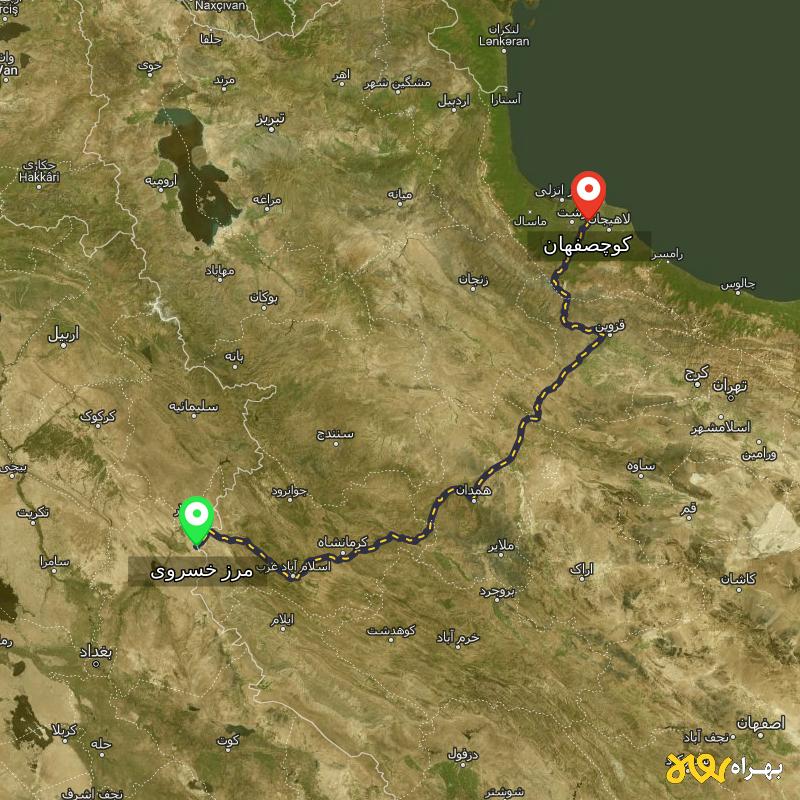 مسافت و فاصله کوچصفهان - گیلان تا مرز خسروی - کرمانشاه - آبان ۱۴۰۳