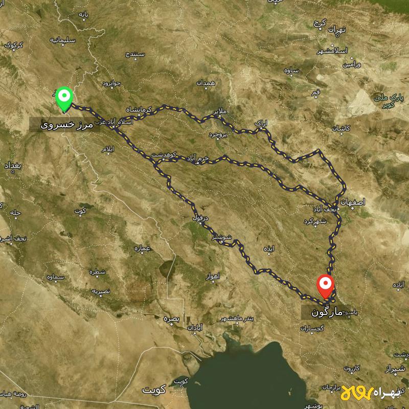 مسافت و فاصله مارگون - کهگیلویه و بویر احمد تا مرز خسروی - کرمانشاه از ۳ مسیر - آبان ۱۴۰۳