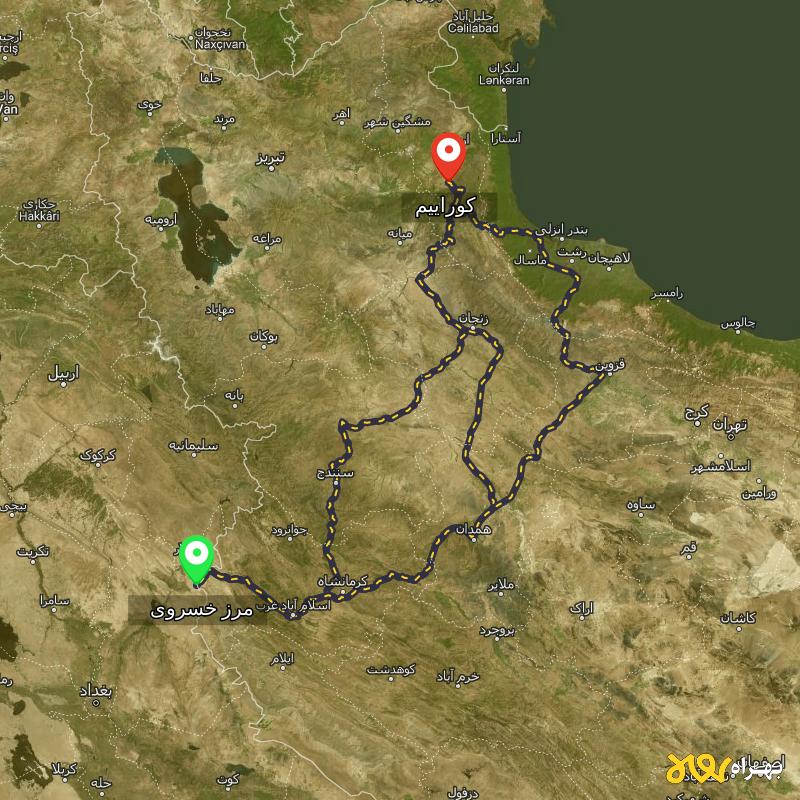 مسافت و فاصله کوراییم - اردبیل تا مرز خسروی - کرمانشاه از ۳ مسیر - آذر ۱۴۰۳