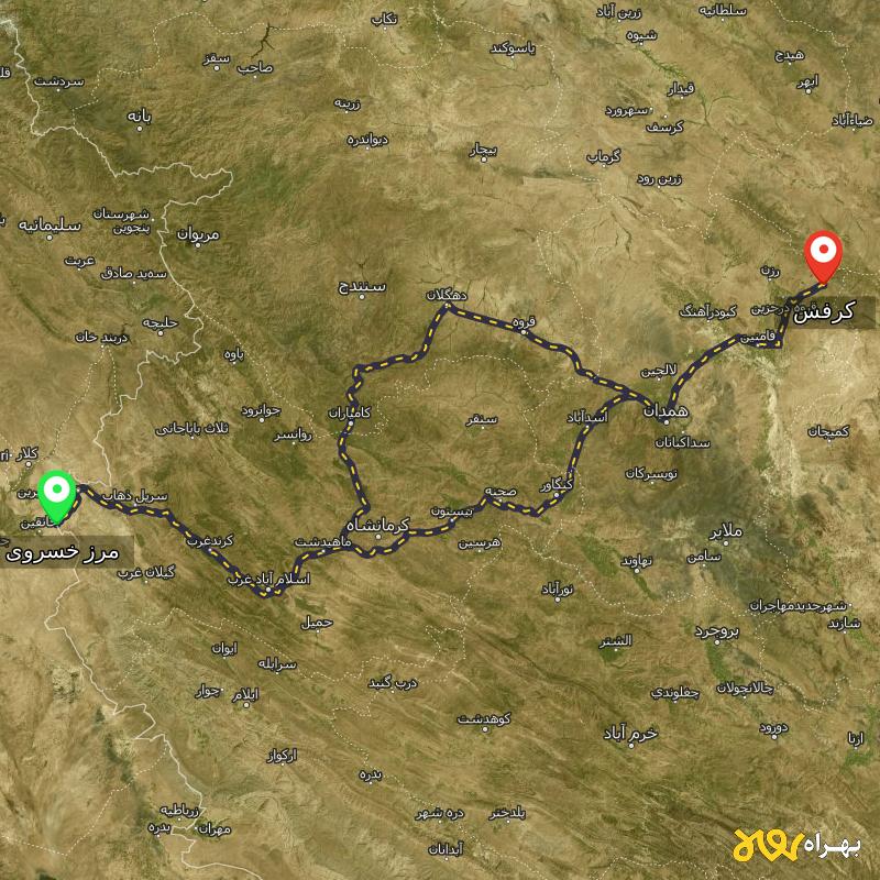 مسافت و فاصله کرفس - همدان تا مرز خسروی - کرمانشاه از ۲ مسیر - آذر ۱۴۰۳