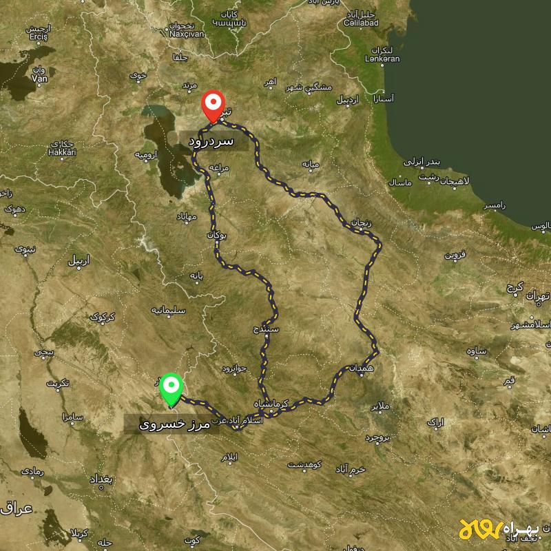 مسافت و فاصله سردرود - آذربایجان شرقی تا مرز خسروی - کرمانشاه از ۲ مسیر - مرداد ۱۴۰۳