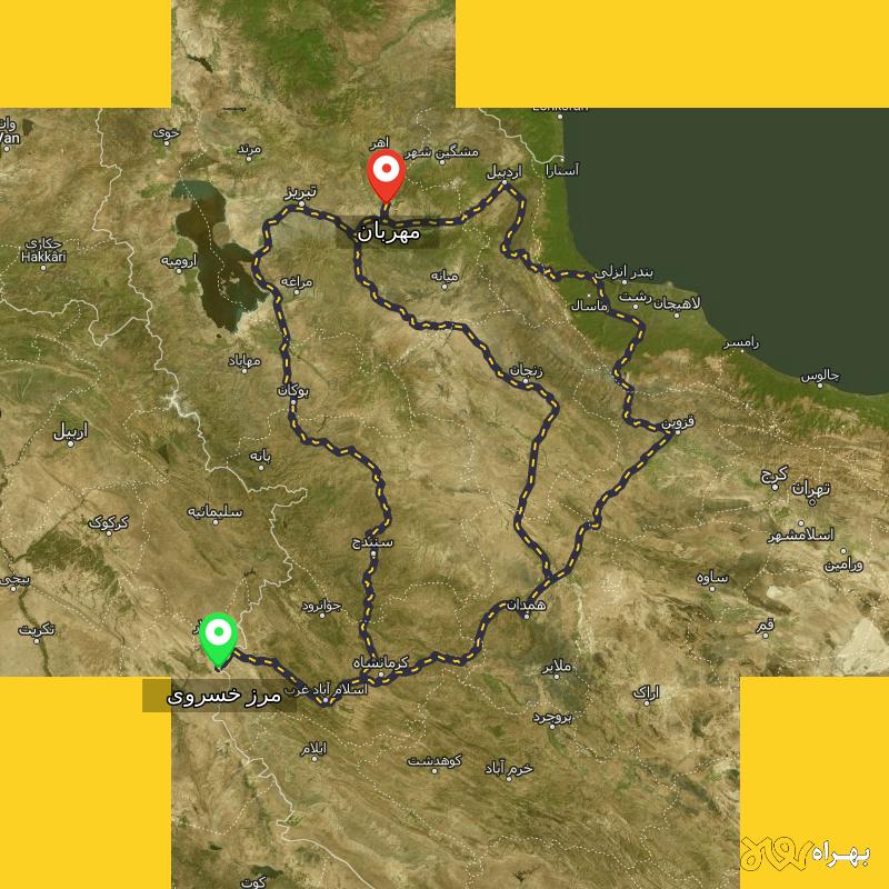 مسافت و فاصله مهربان - آذربایجان شرقی تا مرز خسروی - کرمانشاه از ۳ مسیر - مهر ۱۴۰۳