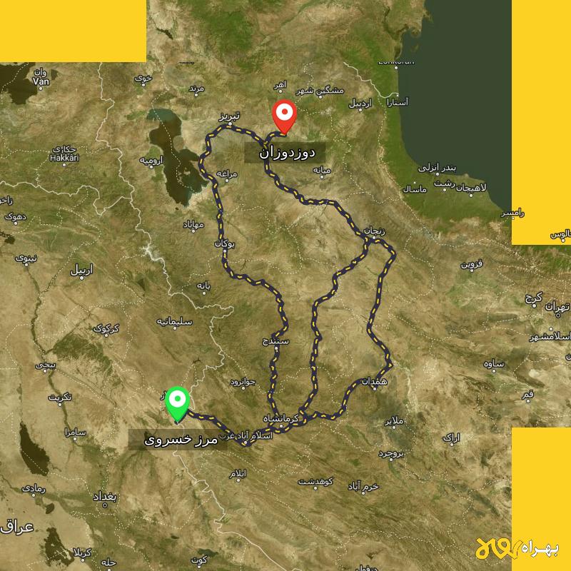 مسافت و فاصله دوزدوزان - آذربایجان شرقی تا مرز خسروی - کرمانشاه از ۳ مسیر - شهریور ۱۴۰۳
